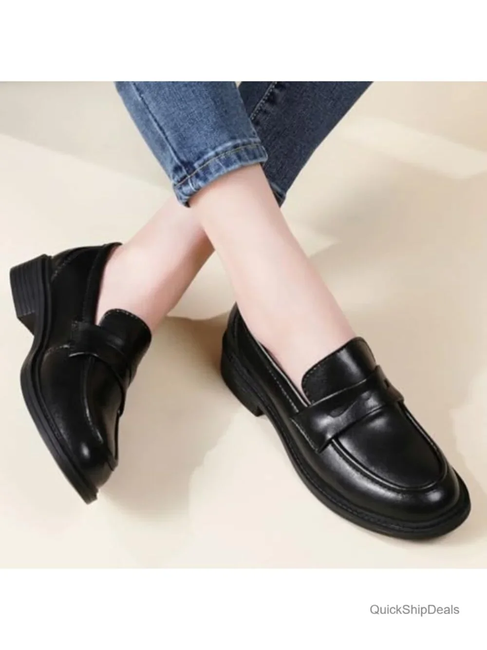 Women's Leather Penny Loafers Comfort Slip-On Business Casual Round Toe